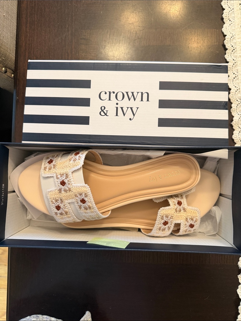 Crown & Ivy Cream Crochet Slide Sandals with Tan Footbed